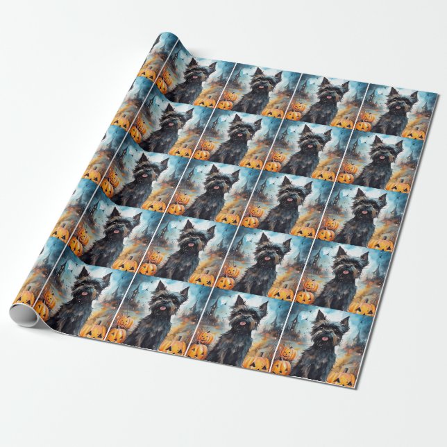 Papel De Regalo Affenpinscher de Halloween con calabazas aterrador (Desenrollado)