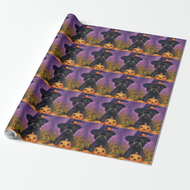 Papel De Regalo Affenpinscher Falloween Bruja y calabaza (Desenrollado)