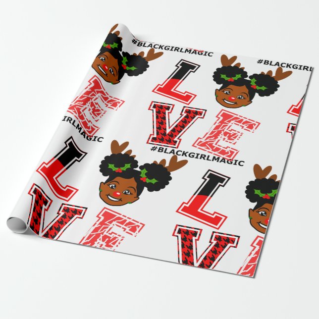 Papel De Regalo Afro Chica, reno, nariz roja, Navidades, negro (Desenrollado)