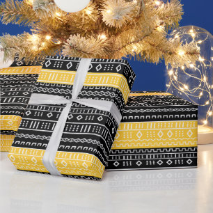 Papel De Regalo Afro Pop Tela de Barro Moderna Negro, Blanco y Dor