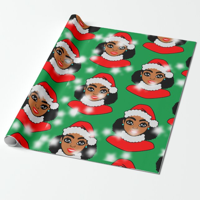 Papel De Regalo Afro Santa Puffs Chicas negros Navidades (Desenrollado)