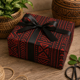 Papel De Regalo Afrocentrico Geométrico Tribal Rojo y Negro en Neg