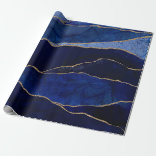 Papel De Regalo Agata Azul y Dorado Boda Minimalista Glam Moderno