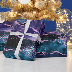 Papel De Regalo Ágata Oceánica con Brillo Azul Marino y Púrpura