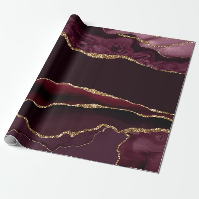 Papel De Regalo Ágata Rojo Borgoña Brillo Dorado Falso (Desenrollado)