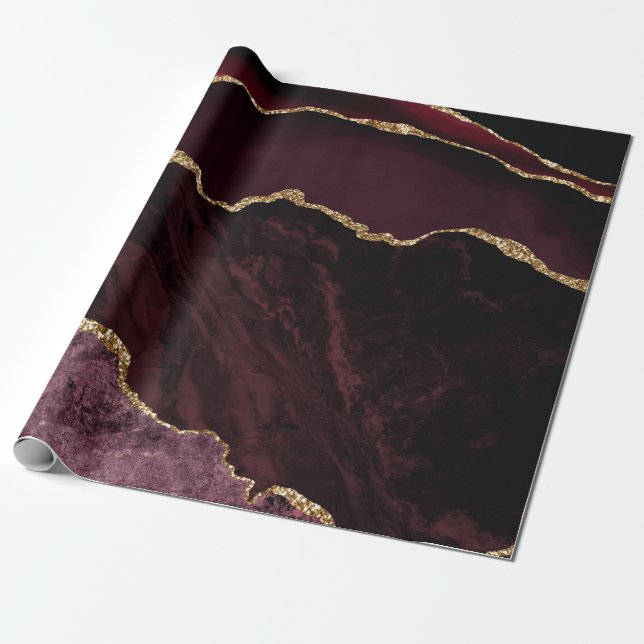 Papel De Regalo Ágata Rojo Borgoña Brillo Dorado Falso (Desenrollado)