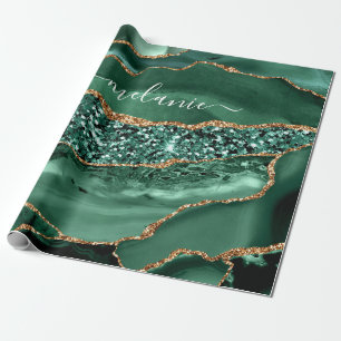 Papel De Regalo Agate Green Gold Purpurina Geode Marble Custom Nam