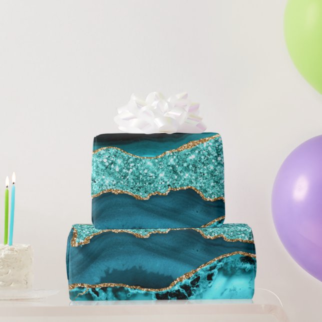 Papel De Regalo Agate Verde azulado Purpurina de oro azul Marble A (Regalos de fiesta)