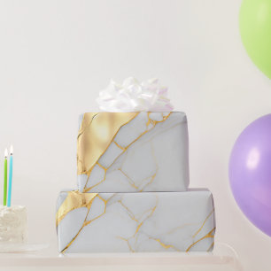 Papel De Regalo Agato de mármol blanco y Relieve metalizado dorado