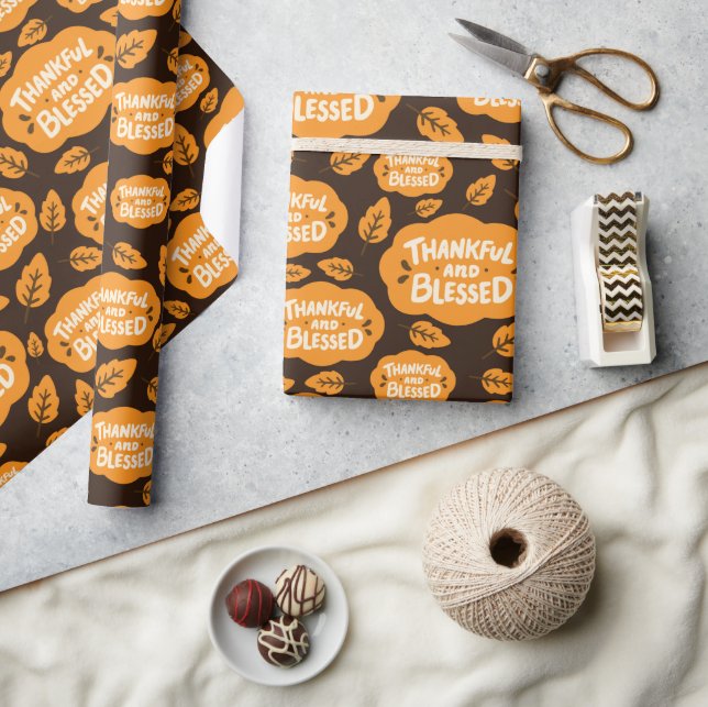 Papel De Regalo Agradecido y bendecido Naranja de otoño deja oscur (Artesanía)