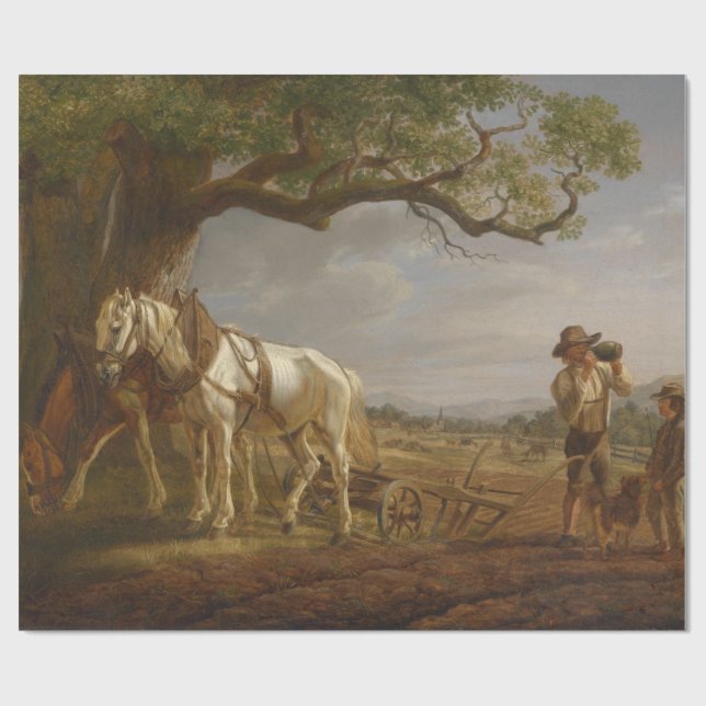 Papel De Regalo Agricultores descansando en un campo con caballos  (Superficie plana)