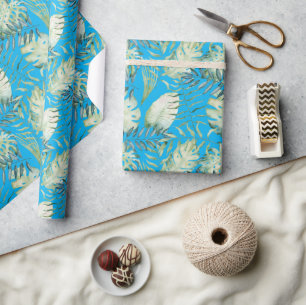 Papel De Regalo Agua Blue Tropical Green Leaves