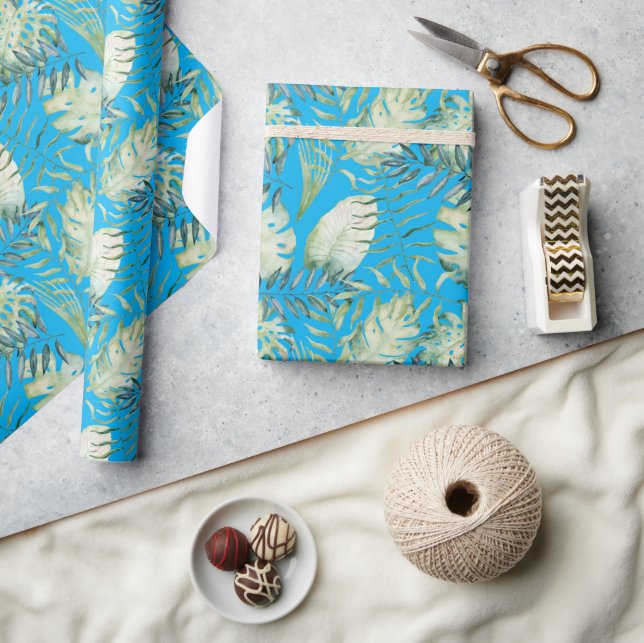 Papel De Regalo Agua Blue Tropical Green Leaves (Artesanía)
