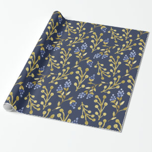 Papel De Regalo Agua Floral de Bayas en Acuarela Azul Marino 