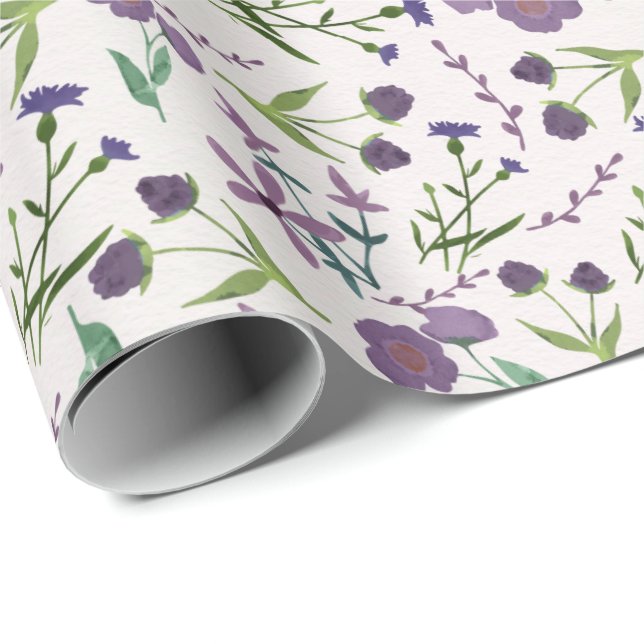 Papel De Regalo Agua Floral Morada Verde Regalo Acuarela para ella (Esquina del rollo)