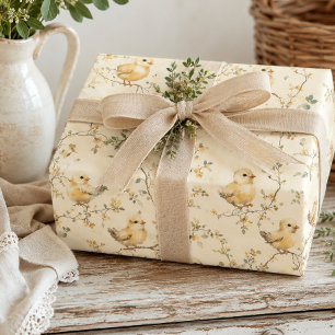 Papel De Regalo Aguada en acuarela de pollitos y flores de primave