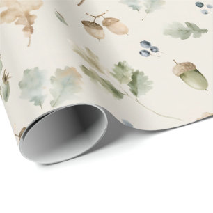 Papel De Regalo Aguatinta Bosque Bellotas Hojas de Roble y Bayas