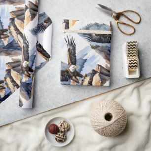 Papel De Regalo Águila calva de estilo acuarela volando acantilado