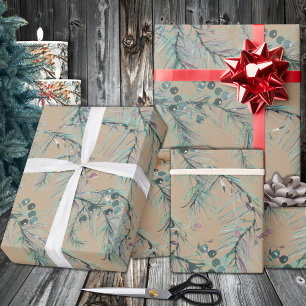 Papel De Regalo Agujas y bayas de árbol de mosto azul rustico