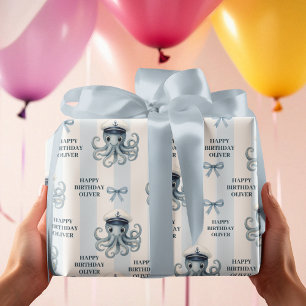 Papel De Regalo Ahoy Cumpleaños Personalizado del Octopus Náutico