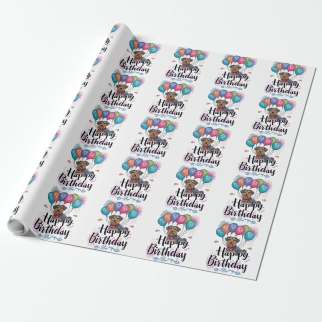 Papel De Regalo Airedale con globos Cumpleaños (Desenrollado)
