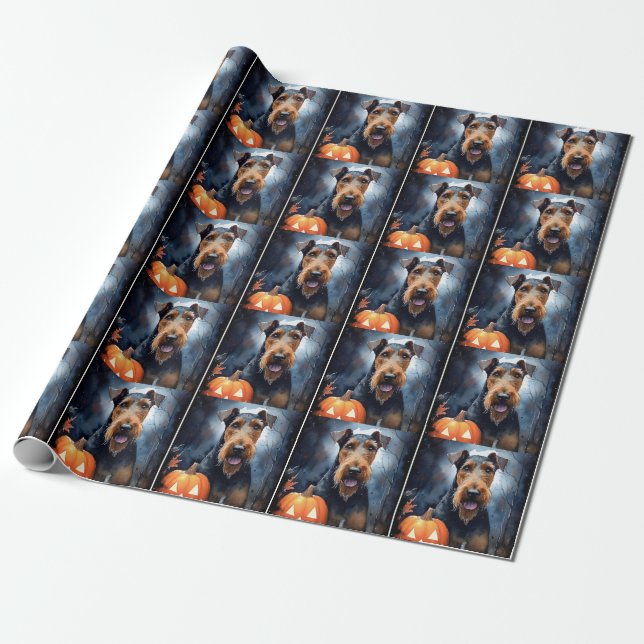 Papel De Regalo Airedale de Halloween con calabazas aterradoras (Desenrollado)