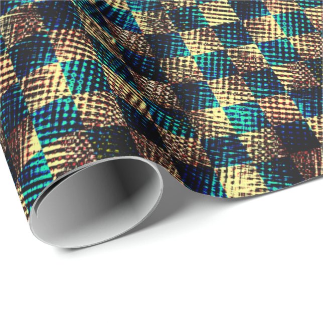 Papel De Regalo Ajedrez sucio y efecto rayado, azul y amarillo (Esquina del rollo)