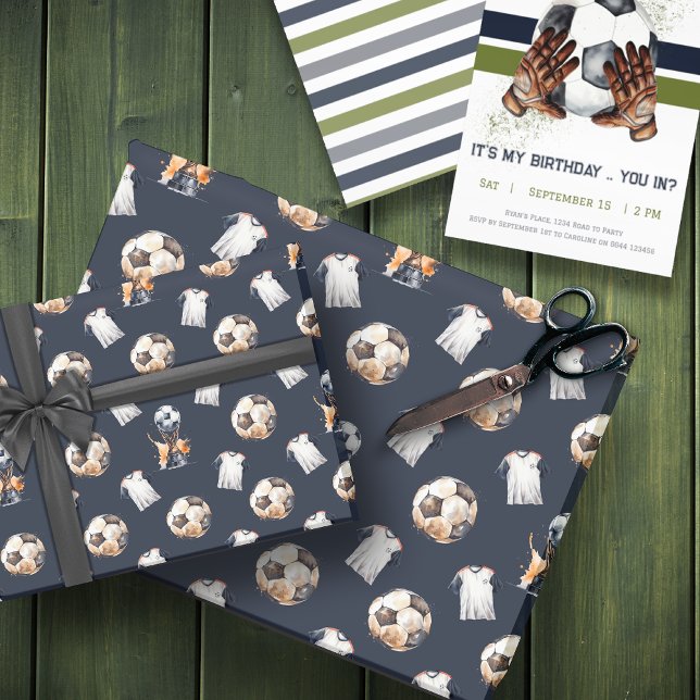 Papel De Regalo Ajuste de regalo con temas de fútbol (Green Blue Soccer Pattern Birthday Party Wrapping Paper)