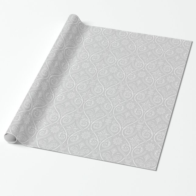 Papel De Regalo Ajuste de regalo de Damasco gris y blanco (Desenrollado)