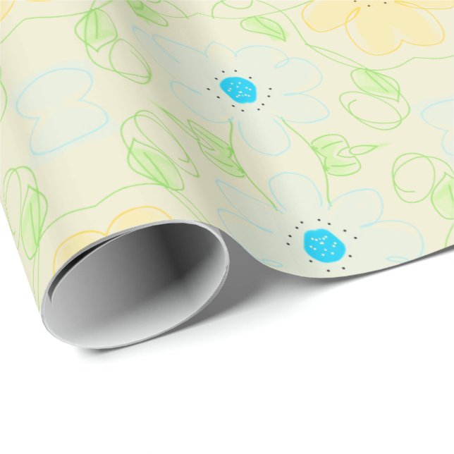 Papel De Regalo Ajuste De Regalo De Diseño Floral Azul Y Amarillo  (Esquina del rollo)