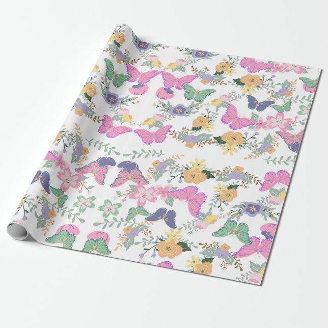 Papel De Regalo Ajuste de regalo de mariposas pastel floral (Desenrollado)