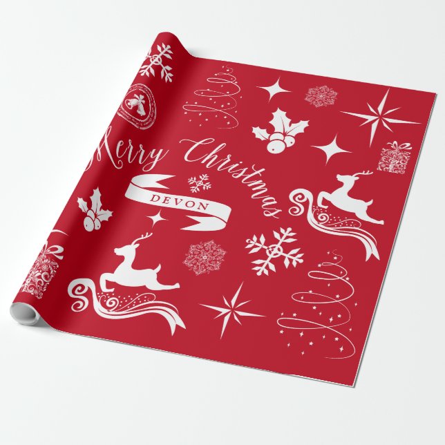 Papel De Regalo Ajuste personalizado de Navidades blancos y rojos  (Desenrollado)