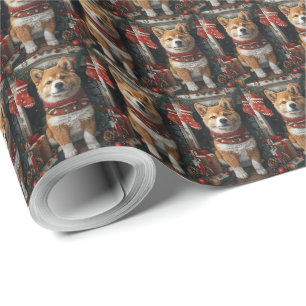 Papel De Regalo Akita Americano con regalos de Navidad Chimenea