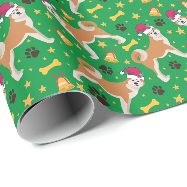 Papel De Regalo Akita Inu Perro con Navidades de Santa Hat (Esquina del rollo)
