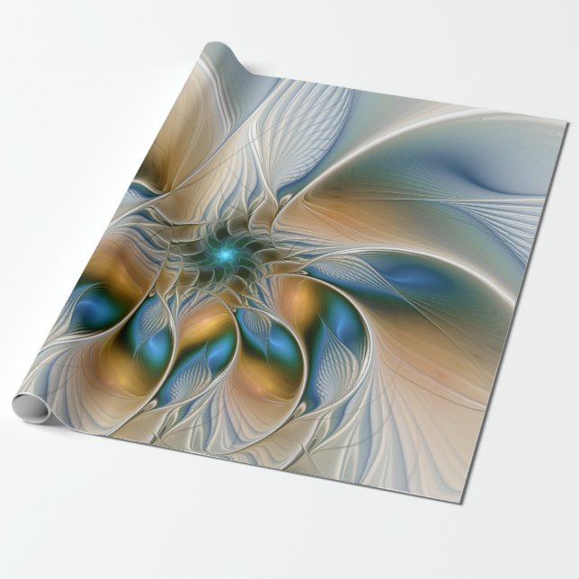 Papel De Regalo Alarmante, Abstracta Fantasía Fractal Art Con Azul (Desenrollado)