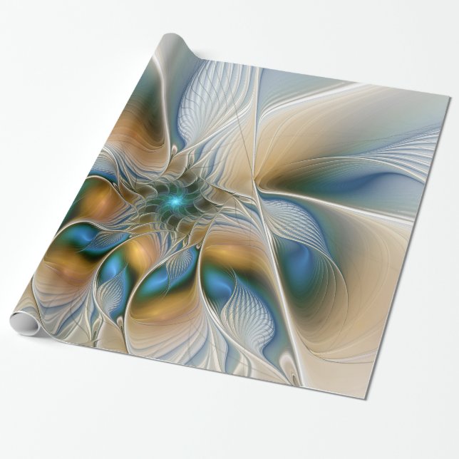 Papel De Regalo Alarmante, Abstracta Fantasía Fractal Art Con Azul (Desenrollado)