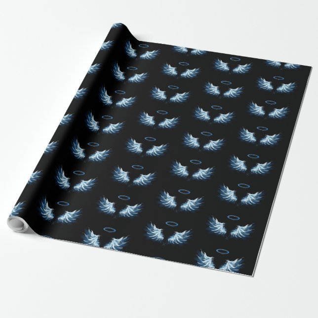 Papel De Regalo Alas del Ángel Azul brillante sobre fondo negro (Desenrollado)