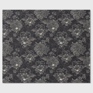 Papel De Regalo Alas Góticas de Cráneos con Damasco Floral Oscuro