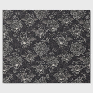 Papel De Regalo Alas Góticas de Cráneos con Damasco Floral Oscuro