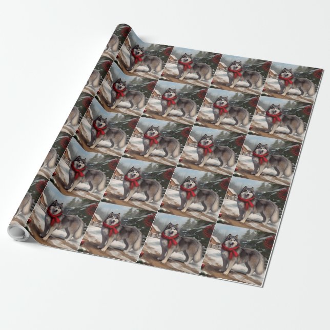 Papel De Regalo Alaskan Malamute Perro en Navidad Nieve (Desenrollado)