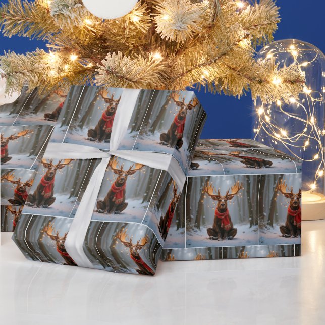 Papel De Regalo Alce de Navidad con bufanda y luces (Vacaciones)