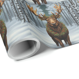 Papel De Regalo Alce navideño rústico bosque invernal de madera 