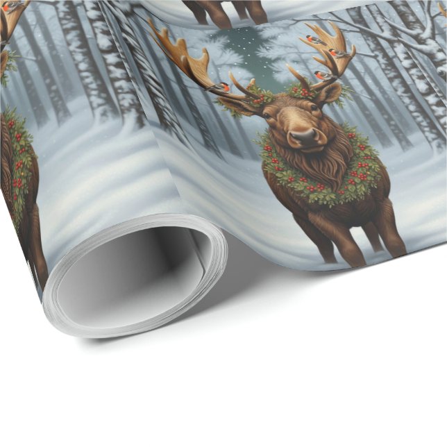 Papel De Regalo Alce navideño rústico bosque invernal de madera  (Esquina del rollo)