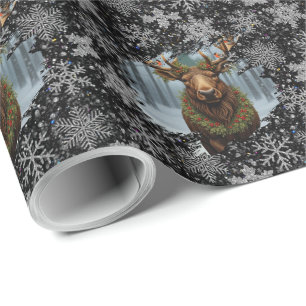 Papel De Regalo Alce navideño rústico bosque invernal de madera ni