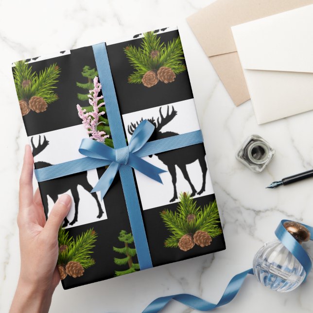 Papel De Regalo Alce rústico con ramas de pino  (Regalar)