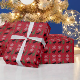 Papel De Regalo Alce rústico copo de nieve pino árbol Navidad Rojo