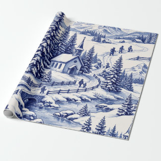 Papel De Regalo Aldea Alpina Invernal Iglesia Nevada Toile Azul