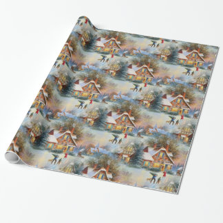 Papel De Regalo Aldea con nieve en feriado de Navidades
