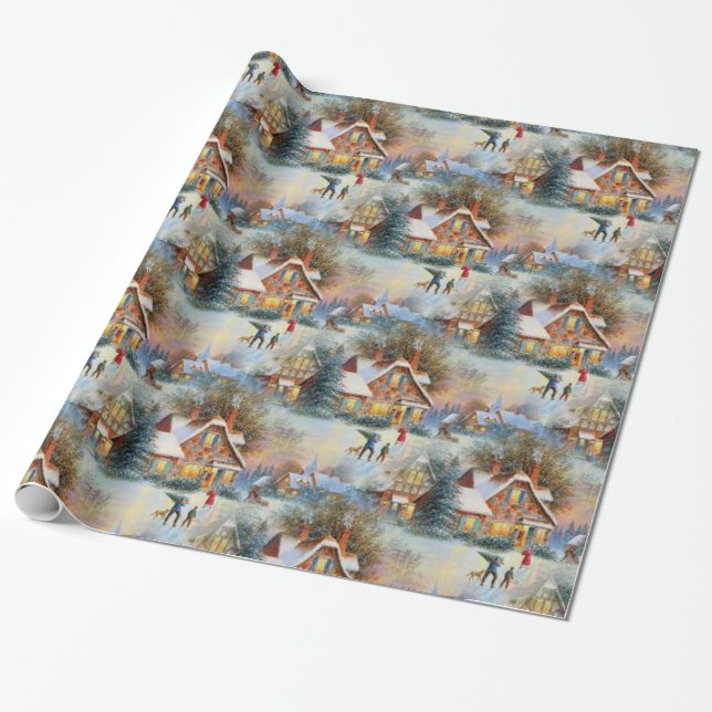 Papel De Regalo Aldea con nieve en feriado de Navidades (Desenrollado)