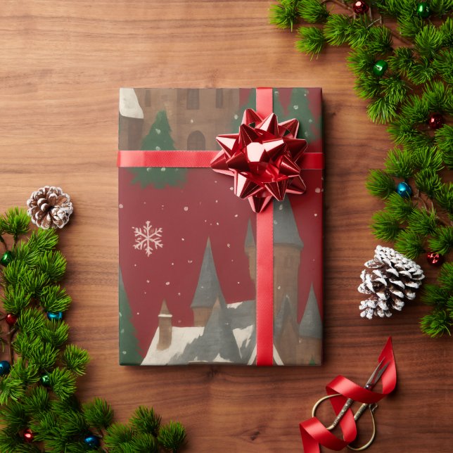 Papel De Regalo Aldea de los navidades | Rojo con casas y minas de (Regalo de vacaciones)